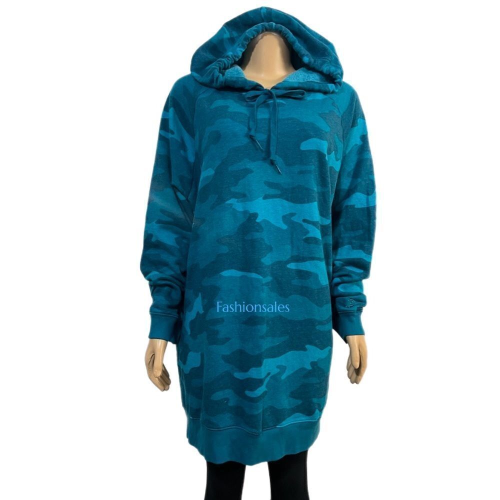 Victorias Secret Pink Cozy Fleece Dress Hoodie Pullover long sleeve blue Camo Xl - Picture 2 of 8